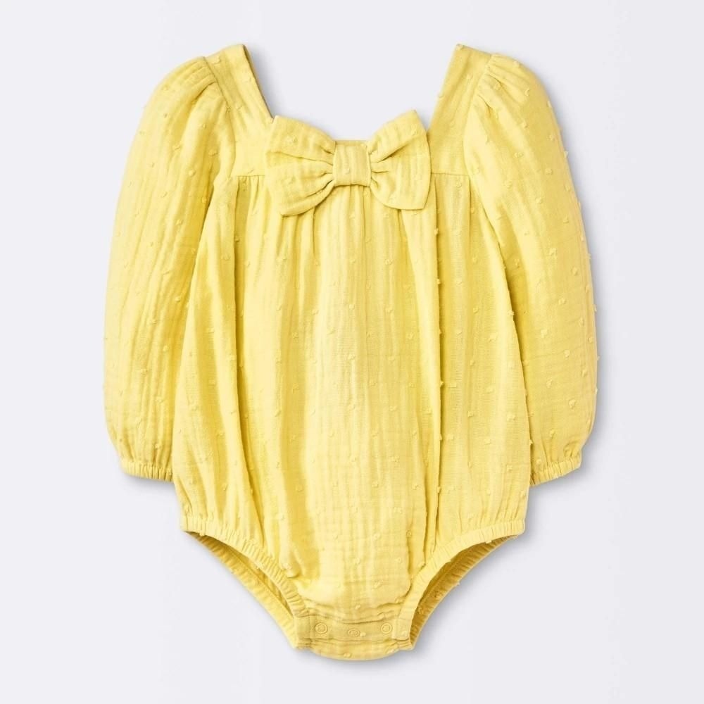 Cloud Island Baby Girls Yellow Bow Romper Swiss Dot Long Sleeve 0-3M